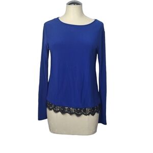 Cece Blue Long Sleeve Black Lace Hem Shirt XS